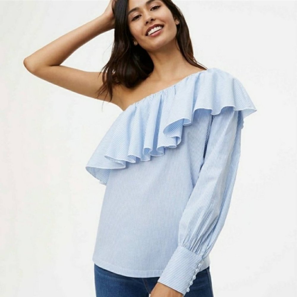 LOFT Railroad Striped Ruffle One Shoulder Top - Picture 7 of 7